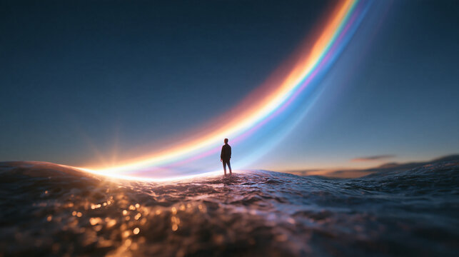 Man Standing on Horizon Under Luminous Rainbow Light
