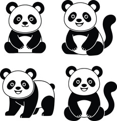 Set of four black and white panda featuring cute cartoon bears in sitting and standing poses with smiling expressions © Md Maraj Uddin