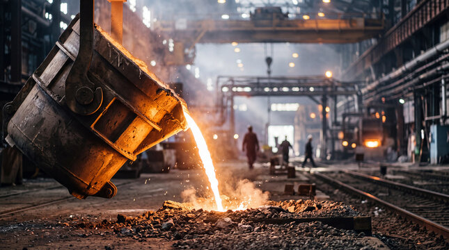 Molten metal pouring from a ladle in a dark industrial foundry with railway tracks and glowing sparks