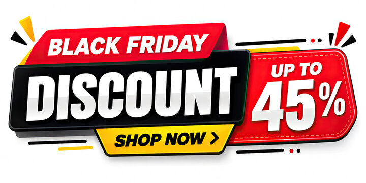Black Friday promotional banner design featuring a forty five percent discount label with bold typography for online retail store marketing