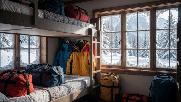 Bunk bed room window right side made wood has white mattress top there several bags backpacks stacked each oth