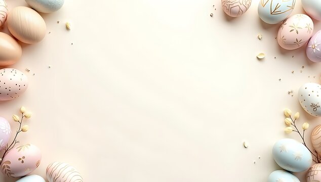Beautiful decorative easter eggs arranged in a frame on a soft light background