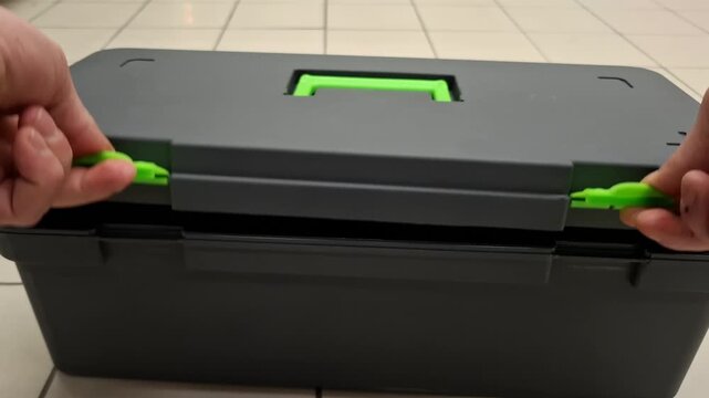 Closed black toolbox with green latches on a white floor, DIY storage and workshop organization, repair equipment, practical maintenance.