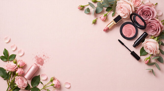 Elegant pink floral beauty flat lay with roses, makeup brushes, cosmetics, and soft feminine styling