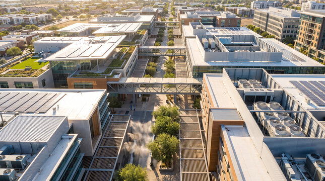 Aerial view showing modern office buildings with sustainable rooftop solar panels and connecting skywalks under warm golden afternoon sunlight glow