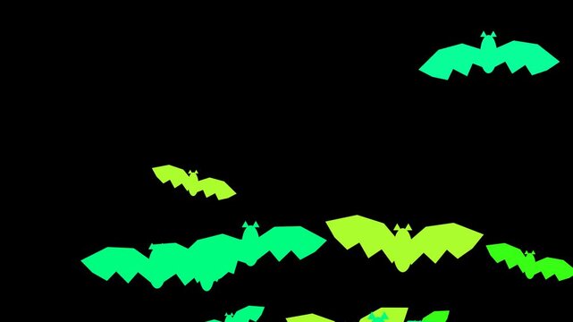 Abstract green bats flying in pattern across black background motion graphic animation