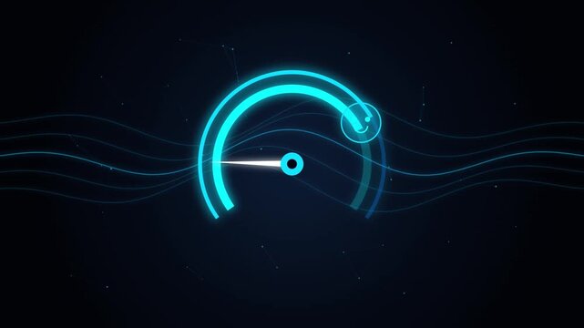 Futuristic Neon Blue HUD Circular Speedometer Gauge Interface Animation with Glowing Data Waveforms and Digital Particle Motion Graphics Elements
