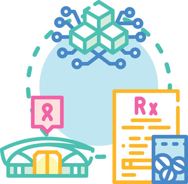 Concept illustration showing an encrypted browser, an ad blocker, a computer chip, and a 3d printer creating components, depicting digital privacy and technological development