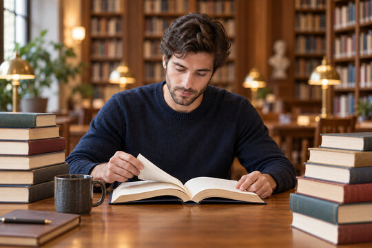Young man reading book in library surrounded by stacks of books