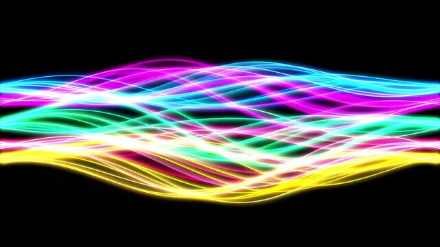 Abstract background featuring multiple glowing neon light waves in a spectrum of colors, intricate flowing lines creating a complex digital pattern