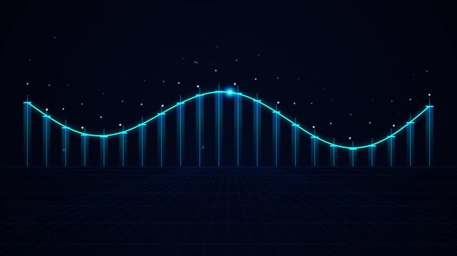 Abstract digital wave graph with glowing blue light lines and vertical bars on a dark grid background, representing financial data analysis and technology