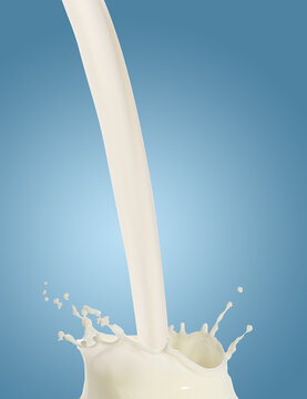 Milk pouring and splashing against pastel blue background