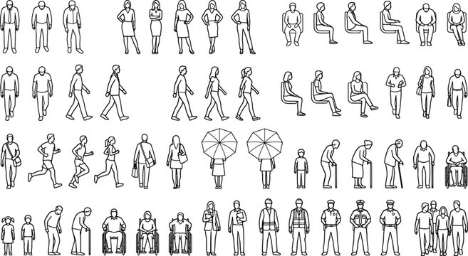 Set of human figures in various poses for architectural scale, including standing, walking, sitting, and people with disabilities