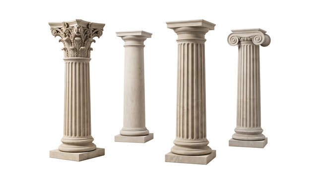 Four distinct classical architectural stone pillars and columns isolated on transparent background