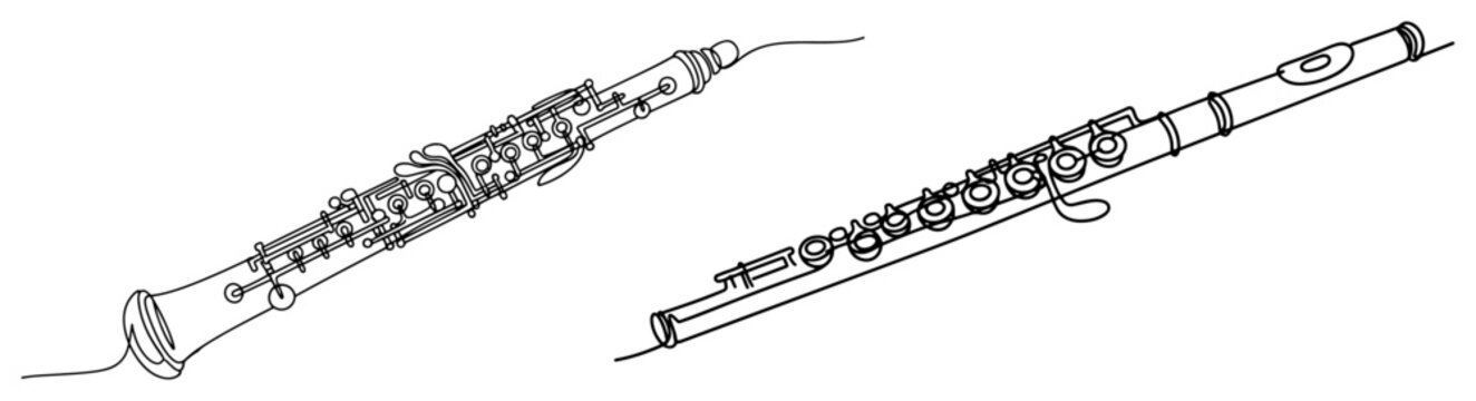 Oboe and Flute Continuous Line Art, Woodwind Musical Instruments Outline Vector Illustration for Classical Orchestra Concert