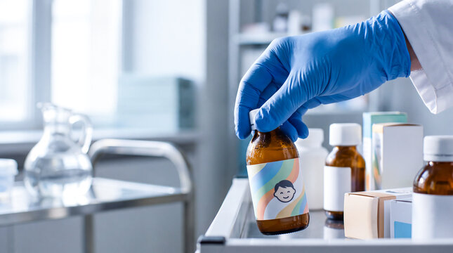 Medical professional in blue gloves picking up a bottle of pediatric medicine from a hospital cart