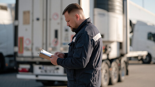 Hungarian truck driver doing a walkaround inspection of his fully loaded refrigerated trailer, checking seals and placards before departure, pre trip inspection routine, transport
