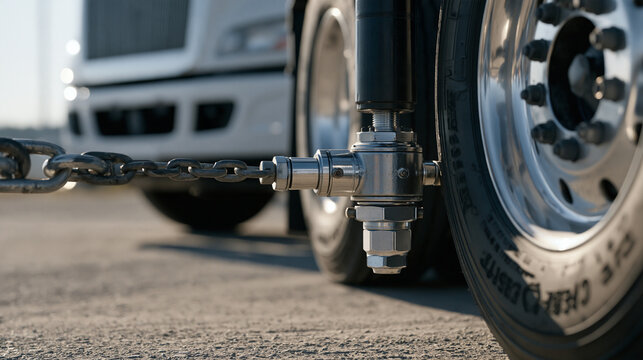 Extreme close up of a heavy duty cargo trailer hitch being secured to a fifth wheel coupling on a commercial semi truck cab, mechanical precision, hitch connection, fleet
