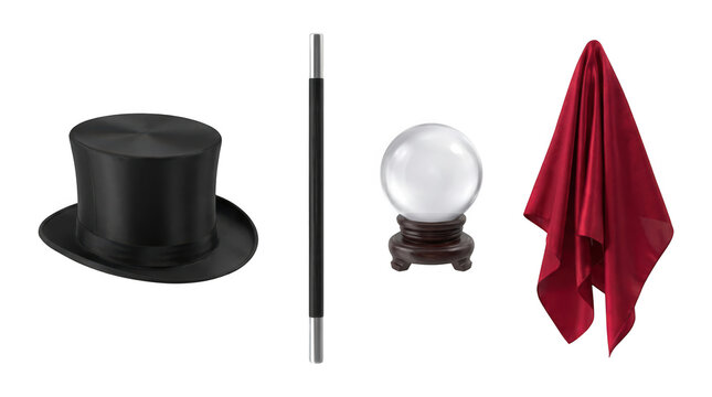 Magician props including top hat, magic wand, crystal ball and red as isolated on transparent background