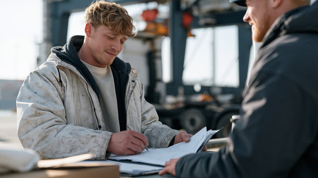 Young Scottish dock hand in weathered rain jacket receiving a signature on a delivery manifest from a truck driver at a coastal port warehouse, documentation exchange, proof of