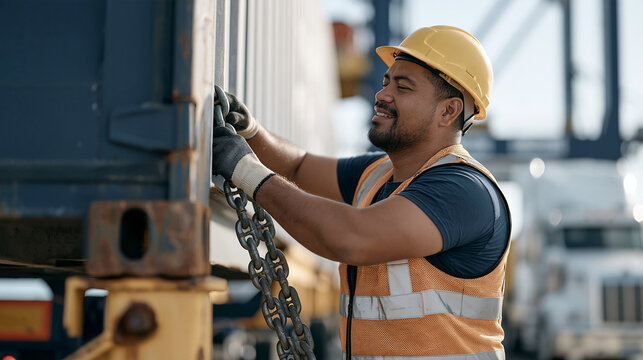 Samoan port worker in a reflective vest hooking a chain around a shipping container corner casting, preparing it for crane lift onto a waiting truck chassis, container handling,