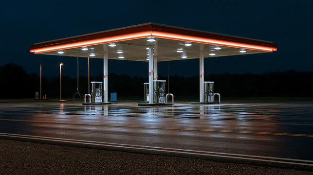 Overnight fluorescent glow of an empty self-service petrol station forecourt, rain-slicked pavement reflecting lit canopy overhead, single abandoned fuel nozzle swinging gently,