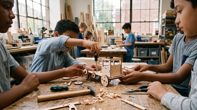 Diverse children focused on assembling wooden toy car models using screwdrivers and hand tools inside a bright sunny woodworking shop