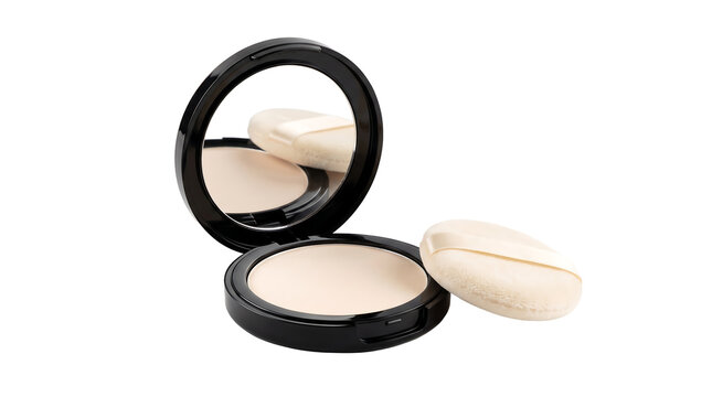 Compact face powder makeup case with mirror and puff isolated on transparent background
