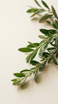 Fresh green olive branches arranged on a plain ivory background with soft natural lighting and copy space