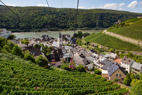 Aerial view of Assmannshausen village and sloping vineyards from the chairlift above the Rhine Valley Germany