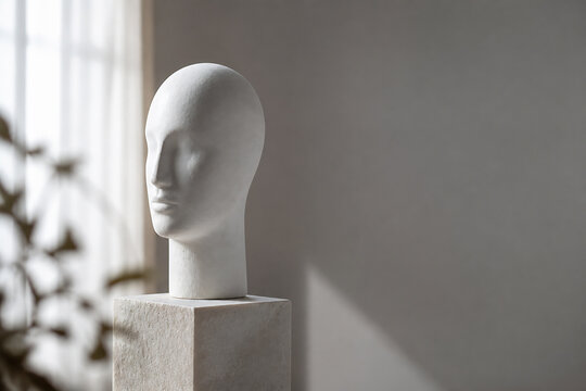 A white, featureless bust sculpture rests on a light-colored pedestal in a bright, minimalist indoor setting.