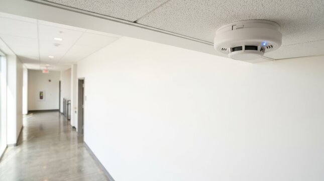 Modern smoke detector with blue blinking light on a clean office hallway ceiling, offering ample copy space