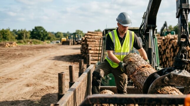 Forestry worker in high-visibility vest loads logs with crane into truck bed in timber yard