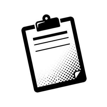 Clipboard with paper sheets isolated icon featuring dot halftone texture for office tasks.