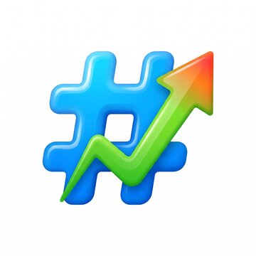 Blue hashtag symbol with a rising green arrow indicating growth or trending status, isolated on white background