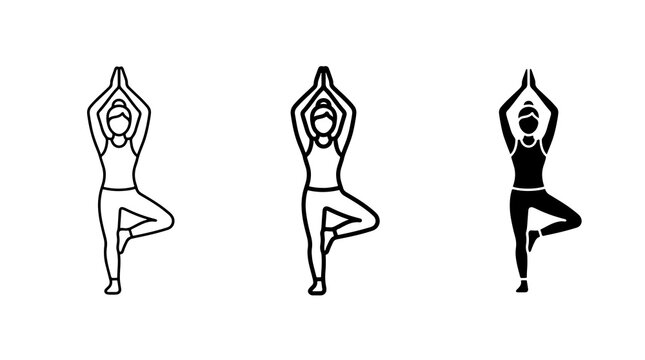 Minimalist yoga pose icons featuring three variations of woman meditating in tree stance