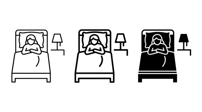 Minimalist sleep icons featuring person in bed with lamp in outline style