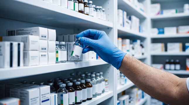 Pharmacist wearing blue gloves reaching for a medicine bottle on a pharmacy shelf with white boxes.