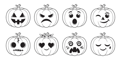 Fototapeta premium Eight outline style pumpkin drawings with diverse facial expressions for halloween holiday projects.