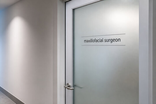 A modern office doorway with a frosted glass panel displaying the text maxillofacial surgeon.