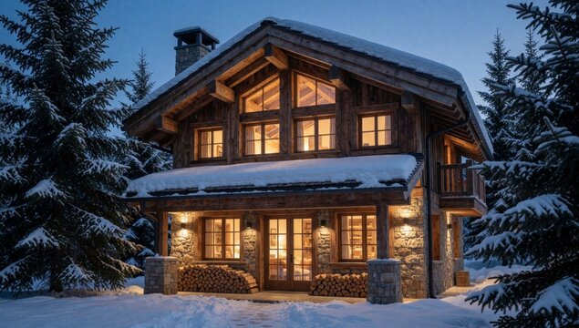 Beautiful wooden cabin woods night covered snow has sloping roof chimney left side windows large rectangular d