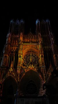 The light show Regalia on the facade of Reims Cathedral Notre-Dame de Reims. Reims, France, December 25, 2025. High quality 4k footage