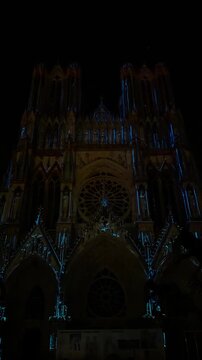 The light show Regalia on the facade of Reims Cathedral Notre-Dame de Reims. Reims, France, December 25, 2025. High quality 4k footage