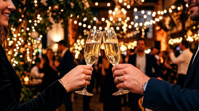 Casal brindando com champanhe em festa com luzes cintilantes e pessoas desfocadas ao fundo