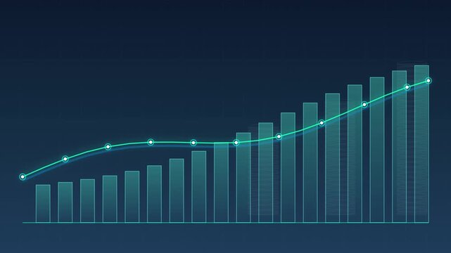 Animated financial chart with glowing digital bars and a rising trend line representing positive market growth on a clean dark blue background UI