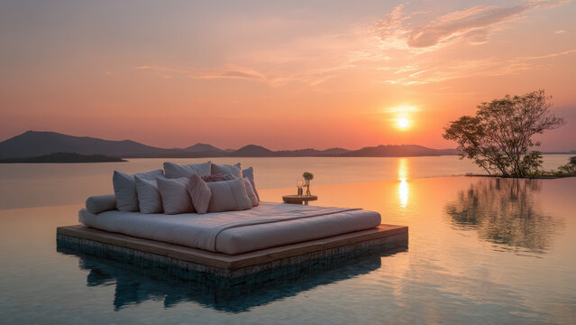 Guests relax on a luxurious outdoor bed in an infinity pool, enjoying a breathtaking sunset over the water and distant mountains.