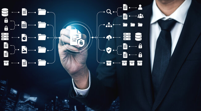 Human and AI Interaction Concept with Touching Hands, Digital Technology Elements, Brain Graphic, and Futuristic Icons in Dark Background. Nascent