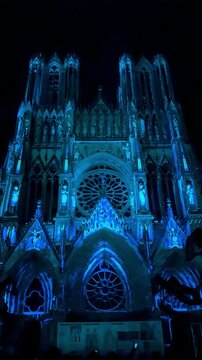 The light show Regalia on the facade of Reims Cathedral Notre-Dame de Reims. Reims, France, December 25, 2025. High quality 4k footage
