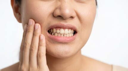 Obraz premium Close up of an Asian female suffering from tooth decay and dental care problems.