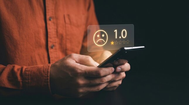 A person expressing a bad review and low satisfaction score through a mobile online survey feedback.